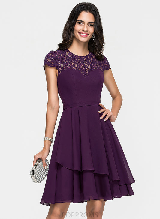 A-Line Knee-Length Ruffles Homecoming Lace Chiffon Homecoming Dresses Cascading With Scoop Neck Dress Carina