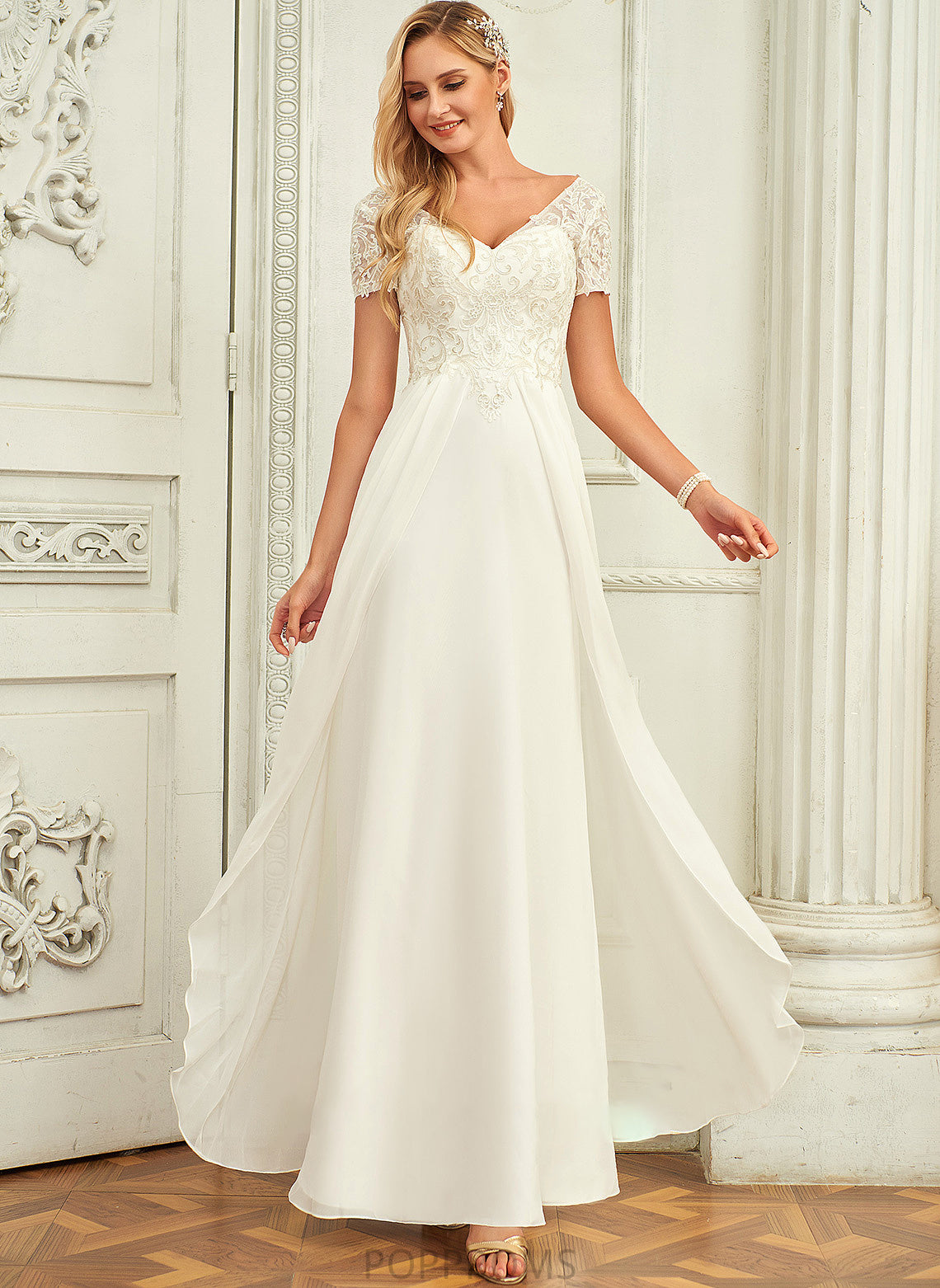 Dress With V-neck Wedding Madeline Floor-Length A-Line Wedding Dresses Lace Lace Chiffon