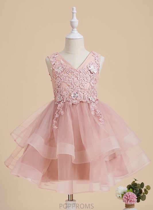 Tulle/Lace Flower V-neck Dress Girl - Arely With Beading/Flower(s)/Sequins Knee-length Sleeveless Flower Girl Dresses A-Line