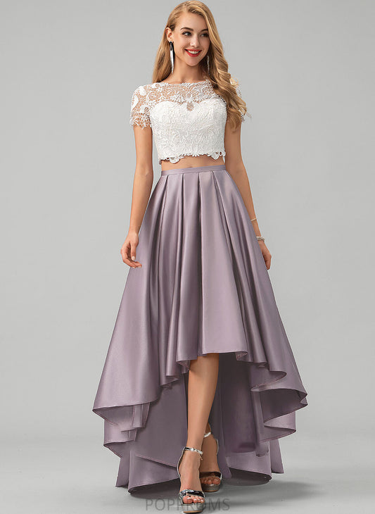 Asymmetrical Satin Scoop Pockets Alula A-Line Prom Dresses With Lace Neck