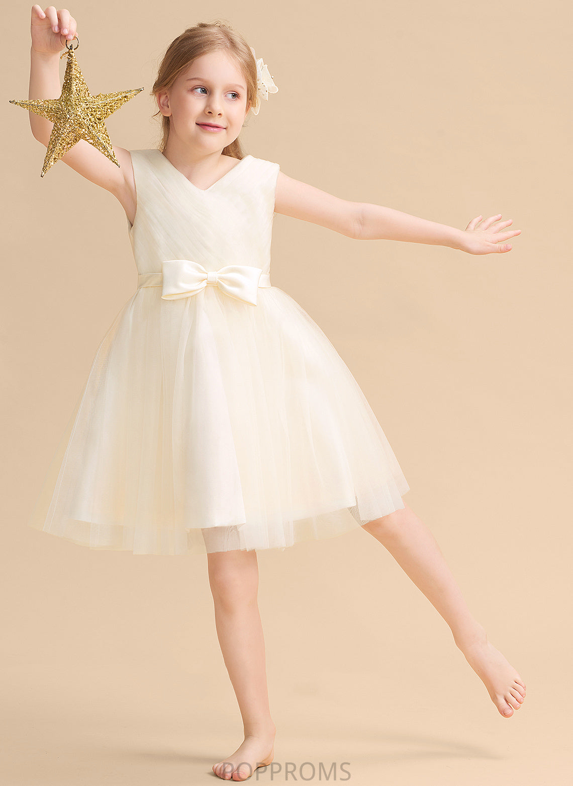 V-neck Knee-length Girl Tulle Flower Girl Dresses Dress A-Line With - Bow(s) Flower Evie Sleeveless