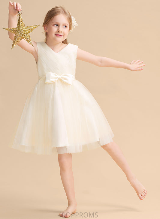 V-neck Knee-length Girl Tulle Flower Girl Dresses Dress A-Line With - Bow(s) Flower Evie Sleeveless