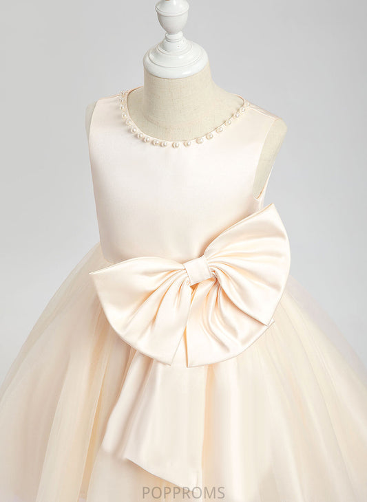 Scalloped With Sleeveless Flower Girl Dresses Satin Knee-length Lainey - Dress Neck Girl A-Line Beading/Bow(s) Flower