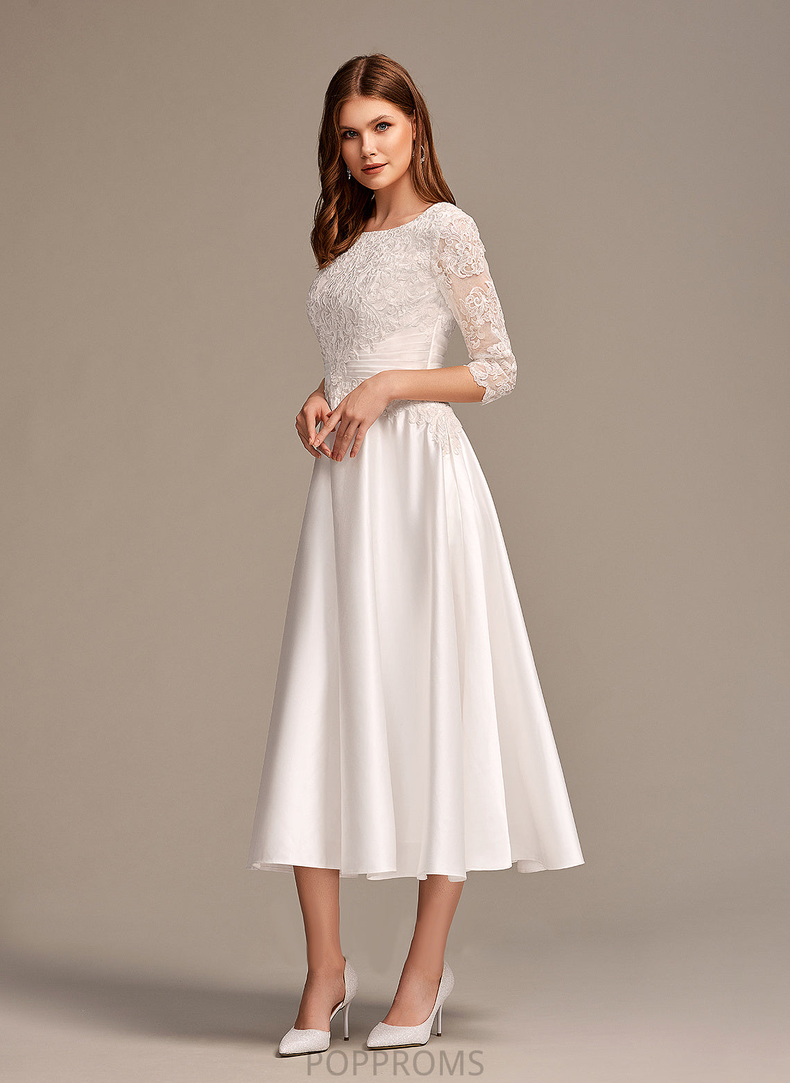 Dress Scoop Satin Ingrid With Wedding Dresses Tea-Length Lace Wedding A-Line Neck Pockets