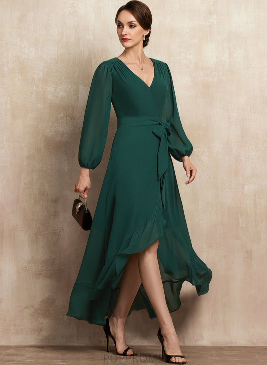 Dress V-neck With A-Line Cascading Mother of the Bride Dresses Asymmetrical of Chiffon Bow(s) Ruffles Mother the Bride Whitney