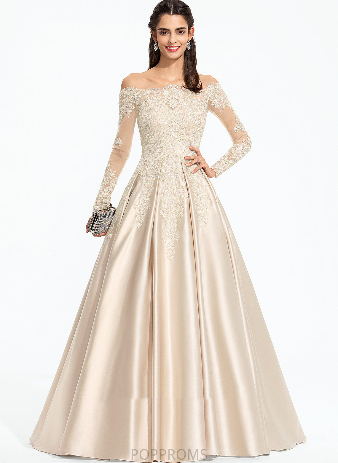 Ball-Gown/Princess Off-the-Shoulder Sweep Prom Dresses Sequins Kiera Lace With Train Satin