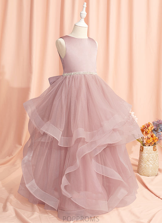 Neck Ball-Gown/Princess Sleeveless Scoop Back Dress Flower Girl Dresses Mireya Flower Tulle Girl Floor-length Beading/Bow(s)/V - With