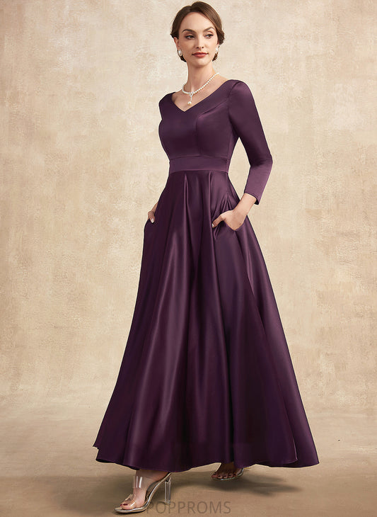 the V-neck Mother A-Line Satin Bride of Dress Averie With Mother of the Bride Dresses Pockets Ankle-Length