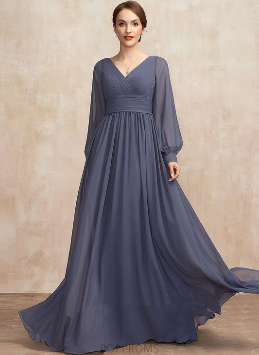 Joanne Chiffon Bride Mother A-Line Ruffle the of V-neck With Dress Floor-Length Mother of the Bride Dresses