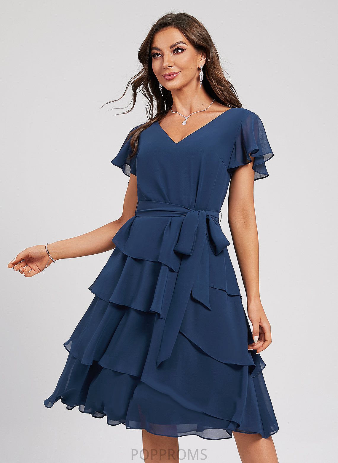 Cocktail Dresses Sash Renata A-Line Chiffon V-neck Knee-Length Dress With Ruffle Cocktail