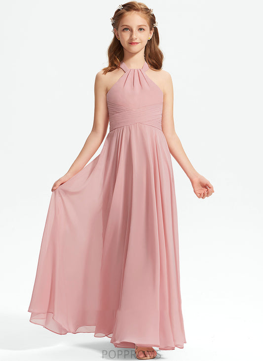 With Ruffle Chiffon Floor-Length Zaria Neckline A-Line Square Junior Bridesmaid Dresses