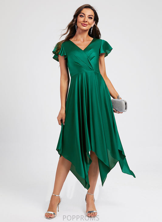 Dress Polyester Cocktail Dresses With Asymmetrical V-neck Piper Pleated Cocktail A-Line