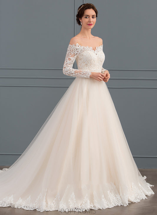 Tulle Dress Caitlin Lace Wedding Dresses Chapel Ball-Gown/Princess Train Off-the-Shoulder Wedding