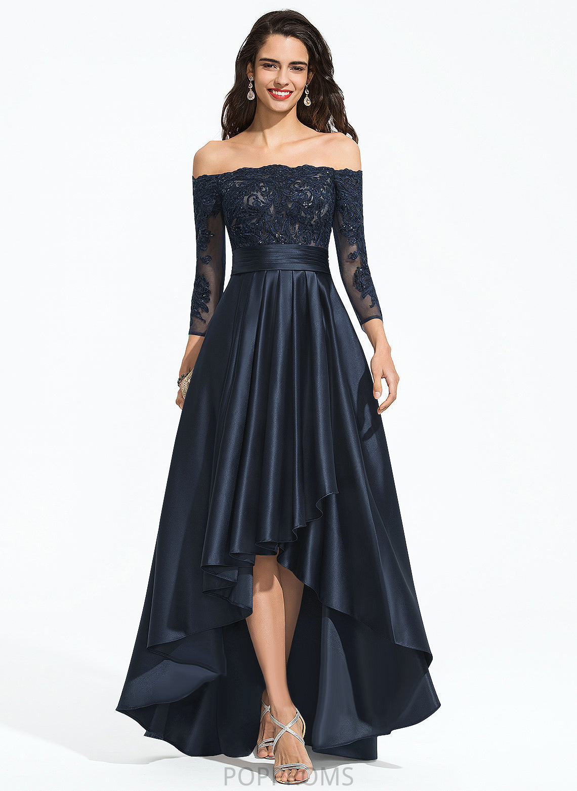 Satin Makaila With Sequins A-Line Prom Dresses Lace Off-the-Shoulder Cascading Asymmetrical Ruffles