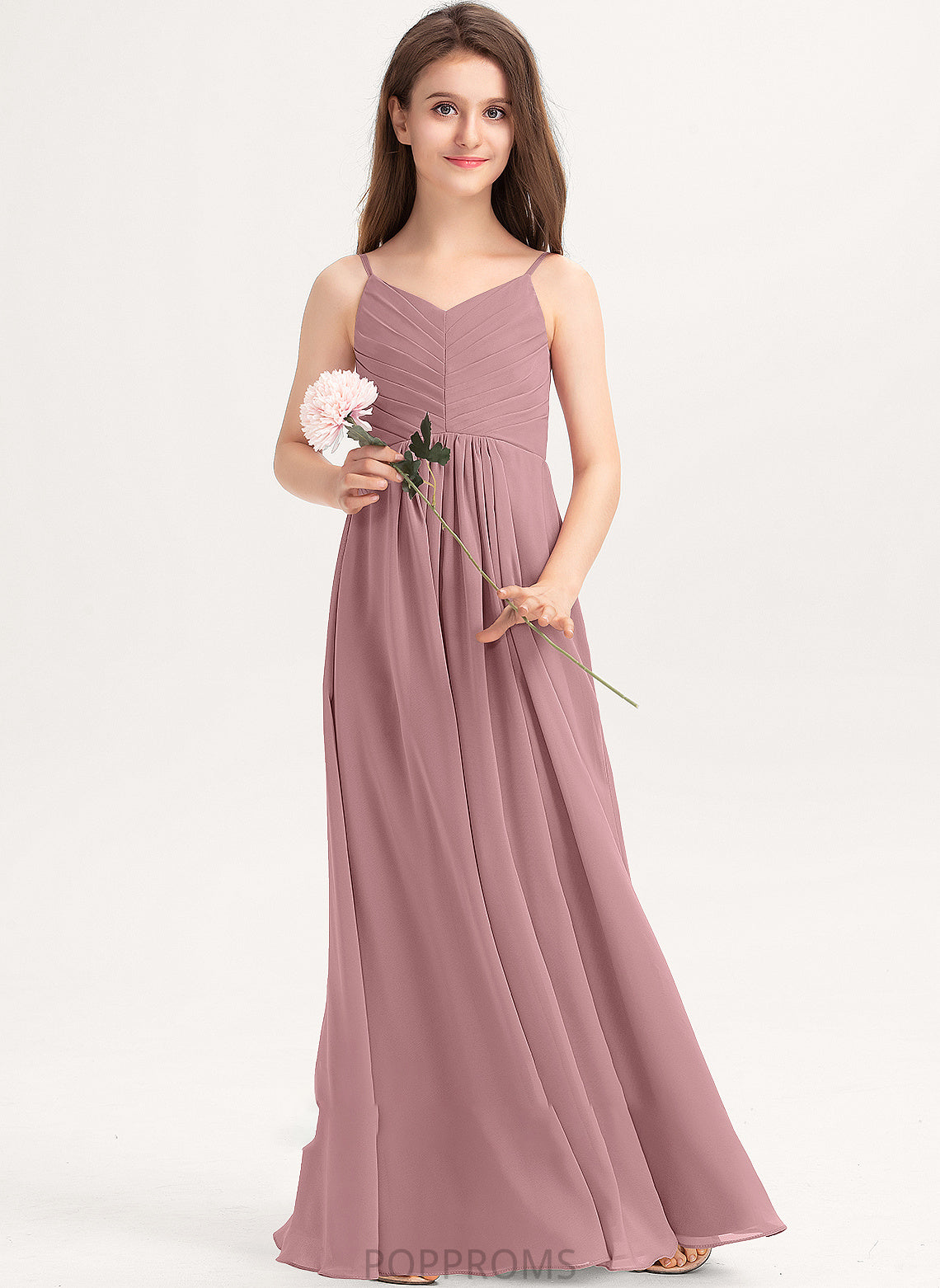 With Cassie Ruffle Chiffon A-Line Floor-Length Junior Bridesmaid Dresses V-neck