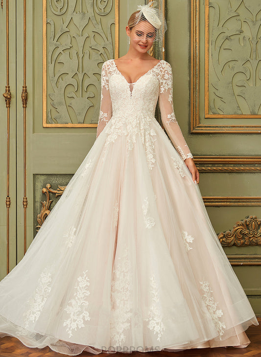 Lace Wedding Tulle Dress Katharine Court V-neck Ball-Gown/Princess Train Wedding Dresses