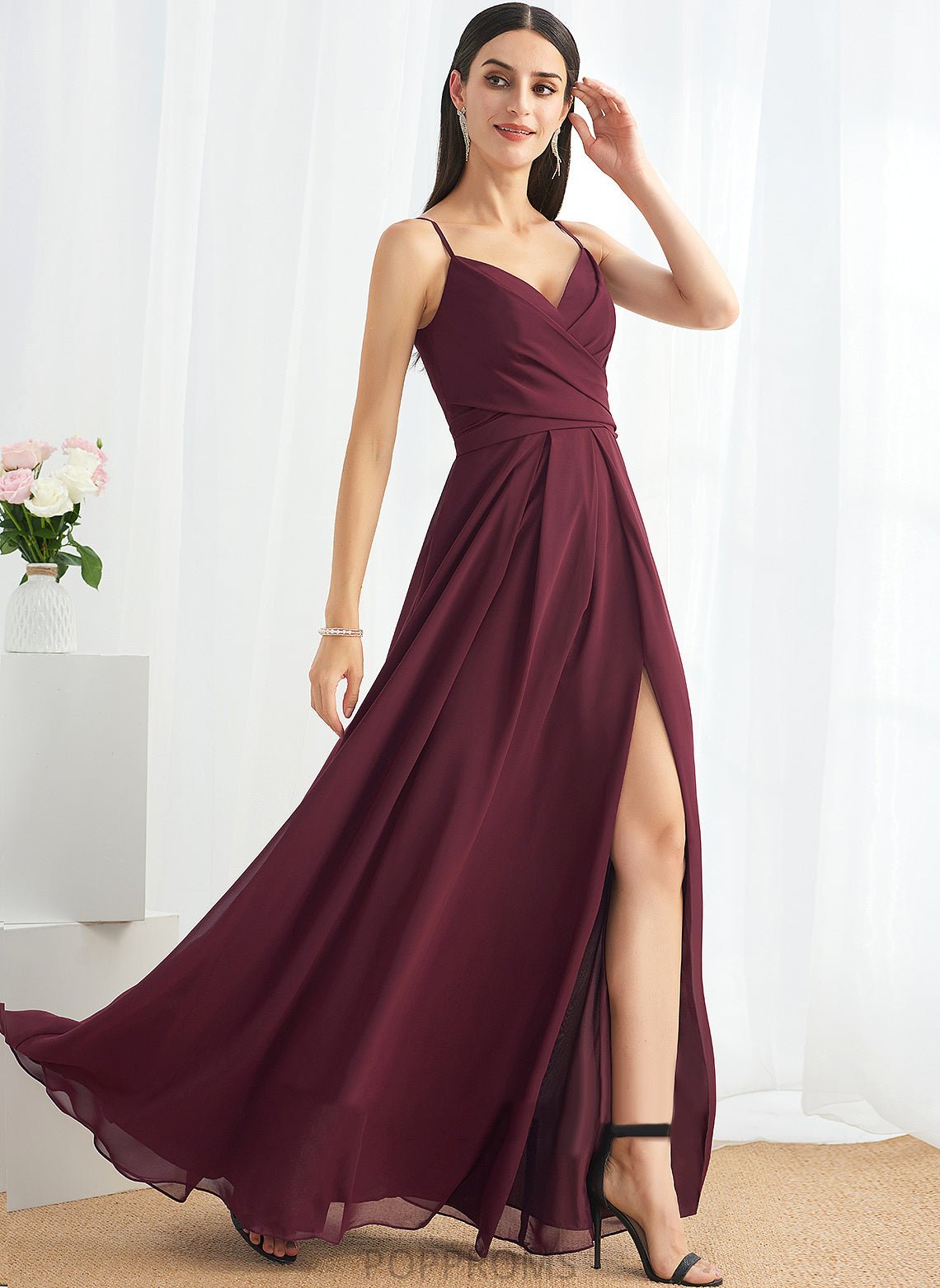 Ruffle Embellishment Neckline Floor-Length V-neck Length A-Line Fabric Silhouette SplitFront Jaden Off The Shoulder Bridesmaid Dresses