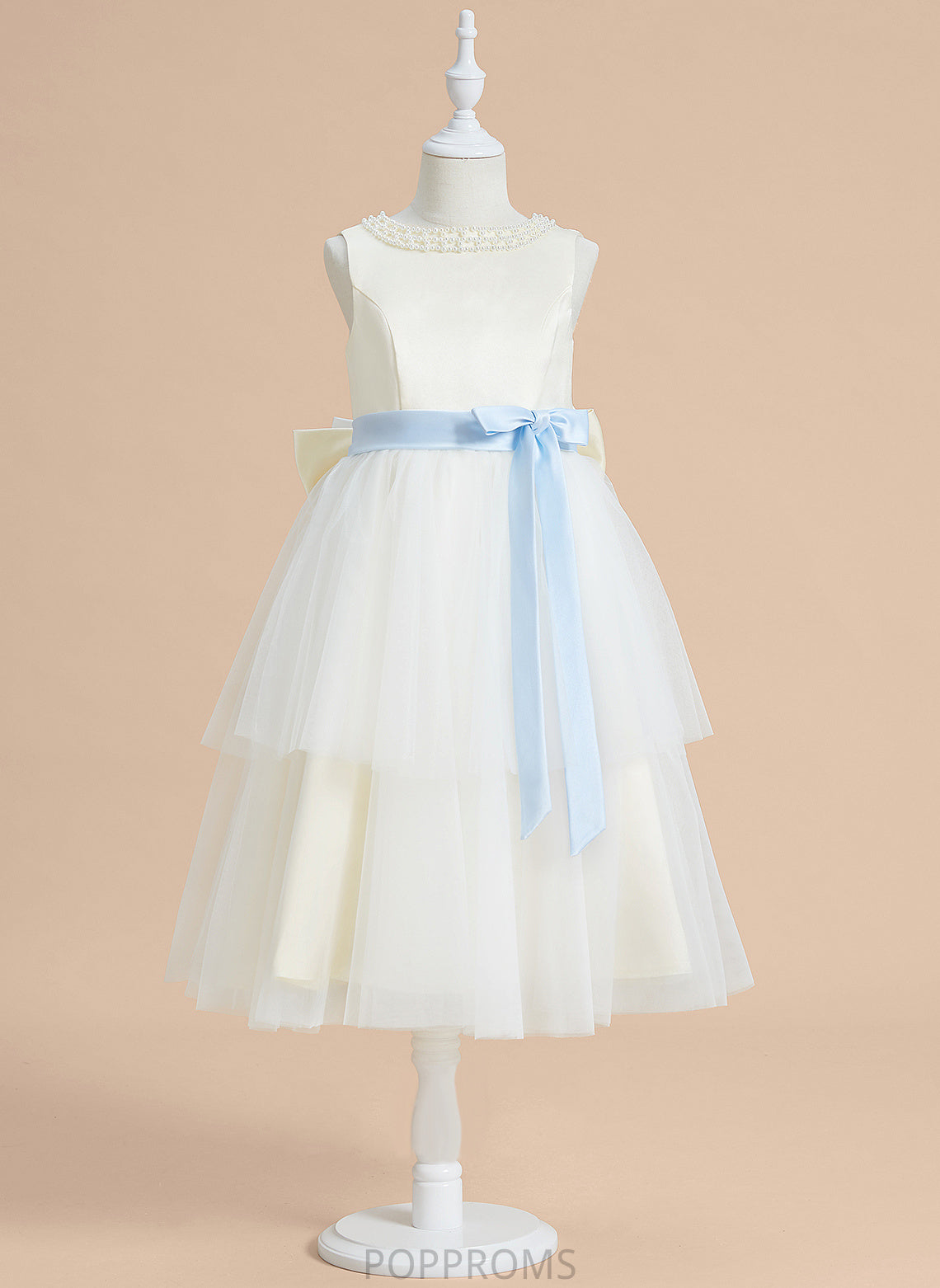 Flower Girl Dresses Flower Dress A-Line Satin/Tulle Neck Tea-length - With Sleeveless Scoop Jimena Girl Sash/Beading/Bow(s)