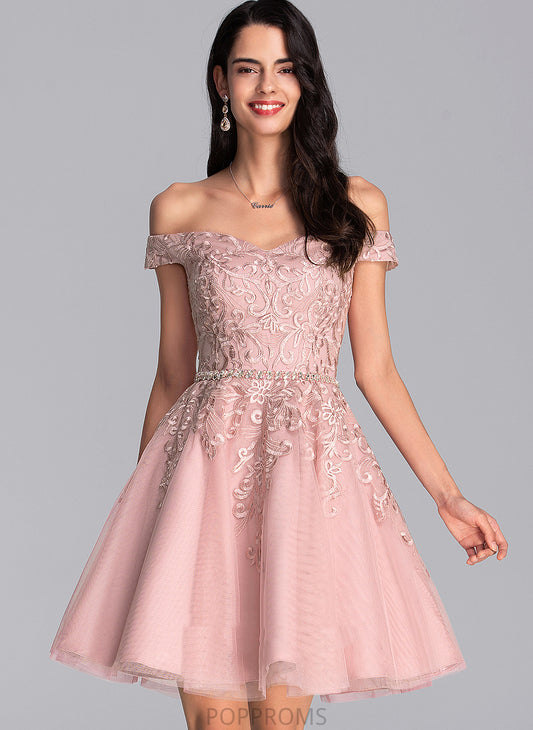 Homecoming Dresses Beading Tulle Homecoming Off-the-Shoulder Dress Lace Short/Mini Danica A-Line With