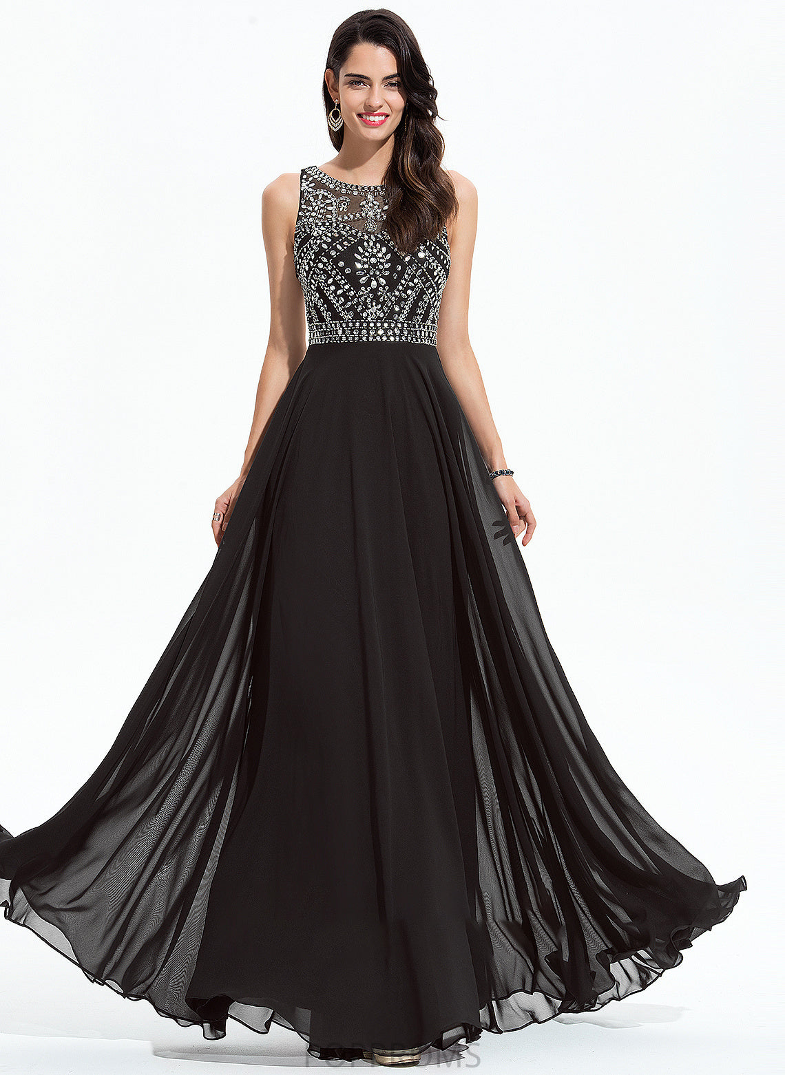 Yamilet Sequins Chiffon Neck Scoop Prom Dresses Beading A-Line With Floor-Length