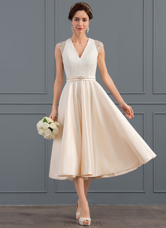 Dress A-Line Anna Lace Wedding Dresses With V-neck Beading Sequins Satin Wedding Tea-Length