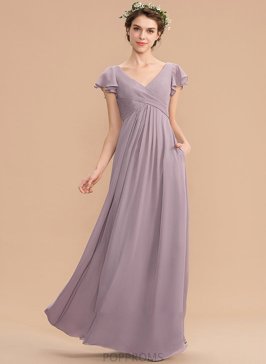 Floor-Length Silhouette Pockets V-neck Fabric A-Line Neckline CascadingRuffles Length Embellishment Cora Straps Bridesmaid Dresses