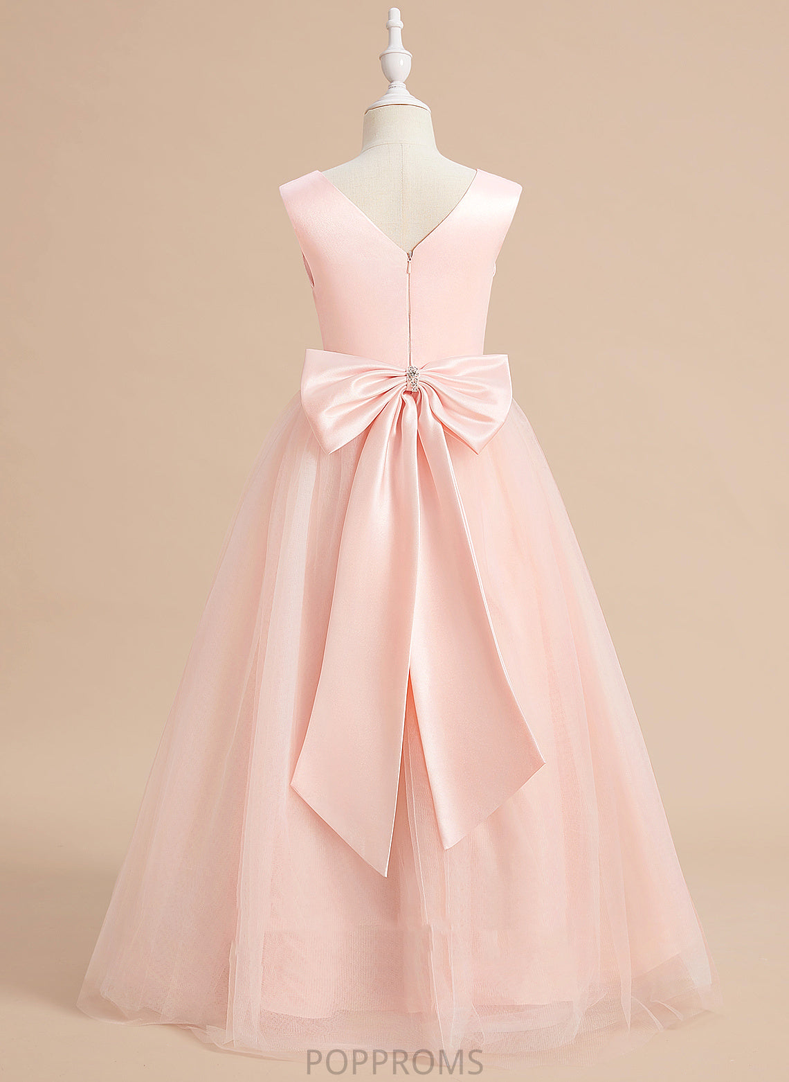 Sleeveless - Flower Girl Dresses V-neck Ball-Gown/Princess With Emery Dress Bow(s) Floor-length Satin/Tulle Flower Girl