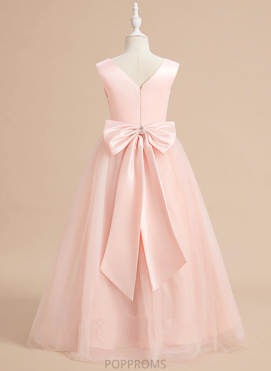 Sleeveless - Flower Girl Dresses V-neck Ball-Gown/Princess With Emery Dress Bow(s) Floor-length Satin/Tulle Flower Girl