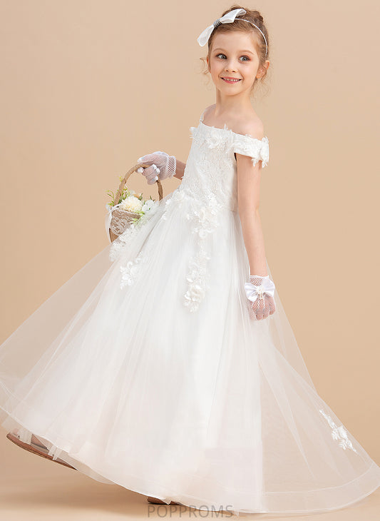 Ball-Gown/Princess - Girl Sweep Tulle/Lace Off-the-Shoulder Chana Flower(s) Flower Flower Girl Dresses Train With Sleeveless Dress