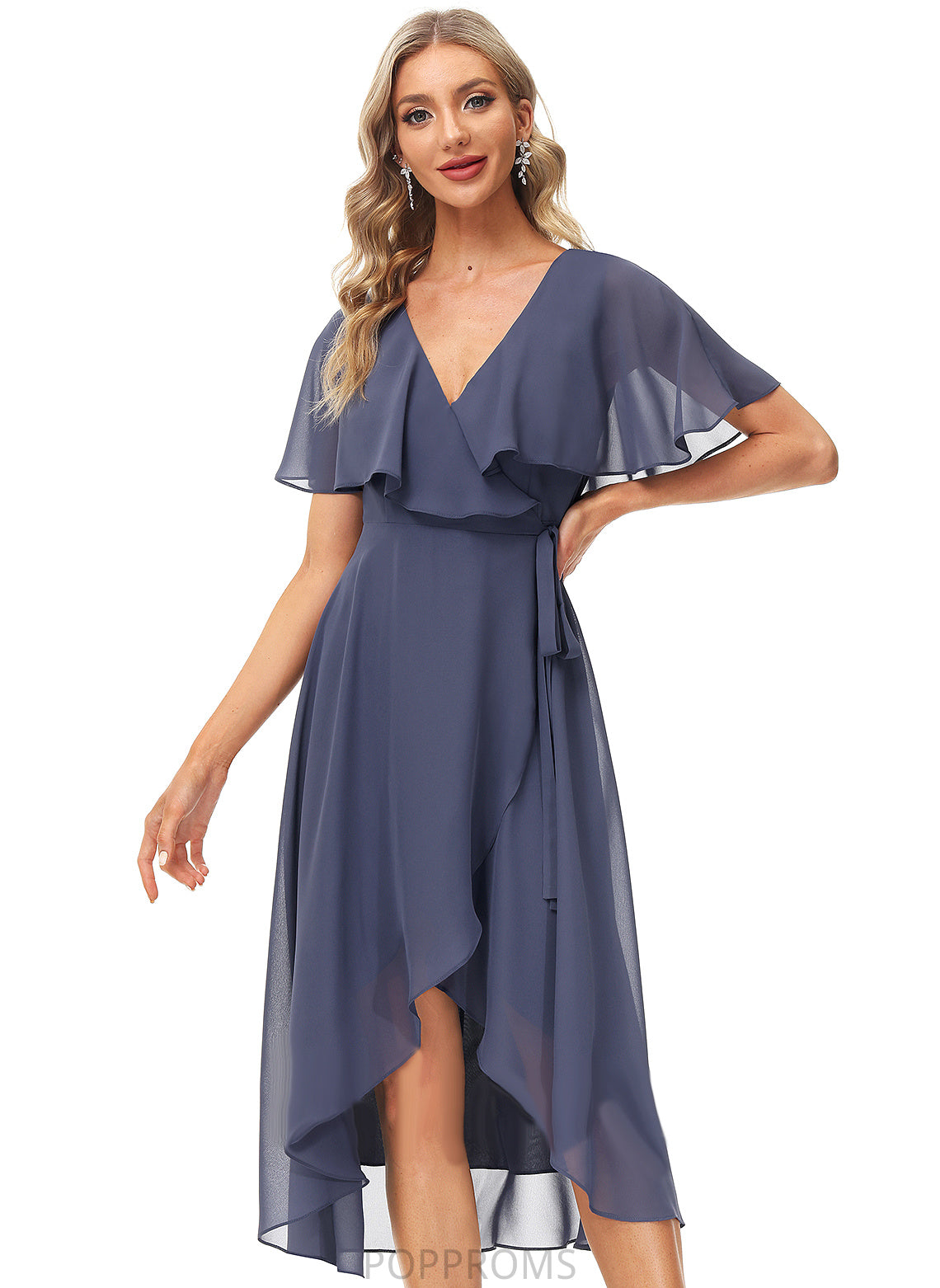 Mireya V-neck Cocktail Dresses Front A-Line Sash Chiffon With Dress Tea-Length Split Cocktail