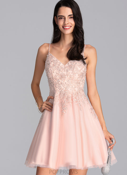 A-Line Jazlyn With Short/Mini V-neck Tulle Prom Dresses Beading