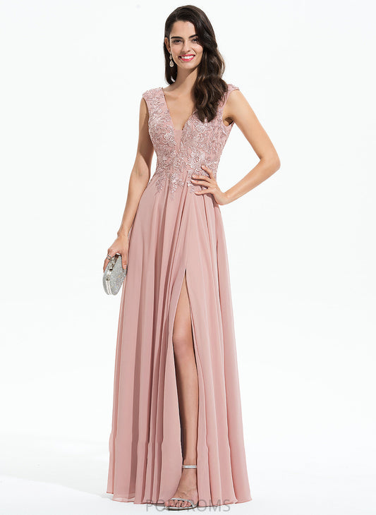 Split Front Mary A-Line V-neck Prom Dresses Chiffon Floor-Length With Lace