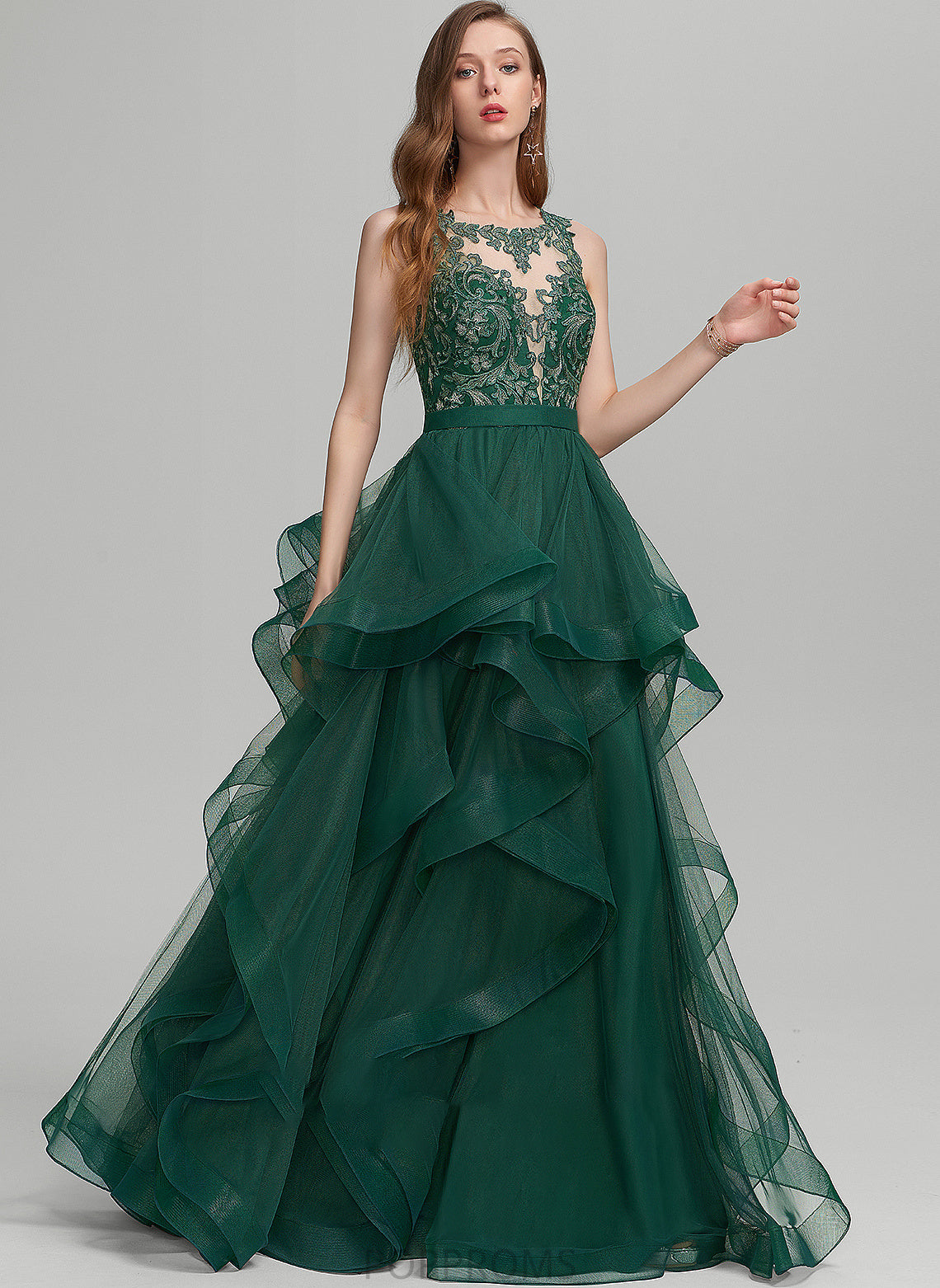 Floor-Length Lace Ruffle Mylie Ball-Gown/Princess Prom Dresses With Tulle Scoop Neck