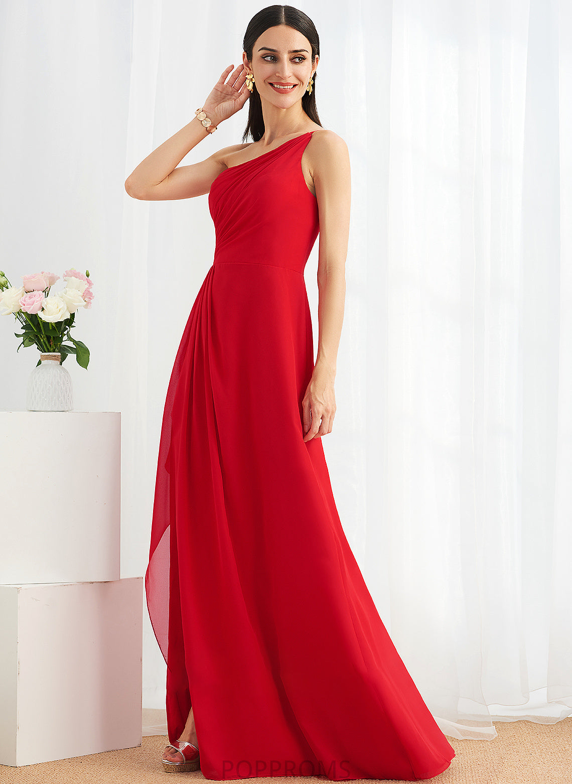 A-Line Neckline Silhouette Length Ruffle Floor-Length Embellishment One-Shoulder Fabric SplitFront Annabelle One Shoulder Bridesmaid Dresses