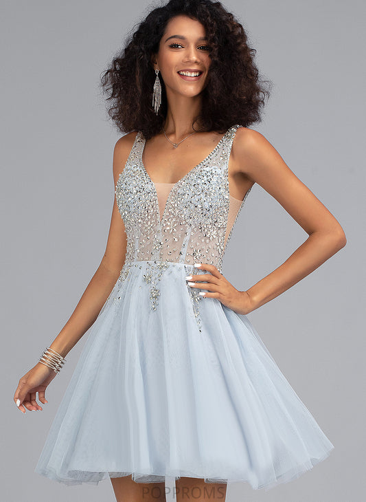 A-Line V-neck With Tulle Sequins Beading Lorena Short/Mini Prom Dresses