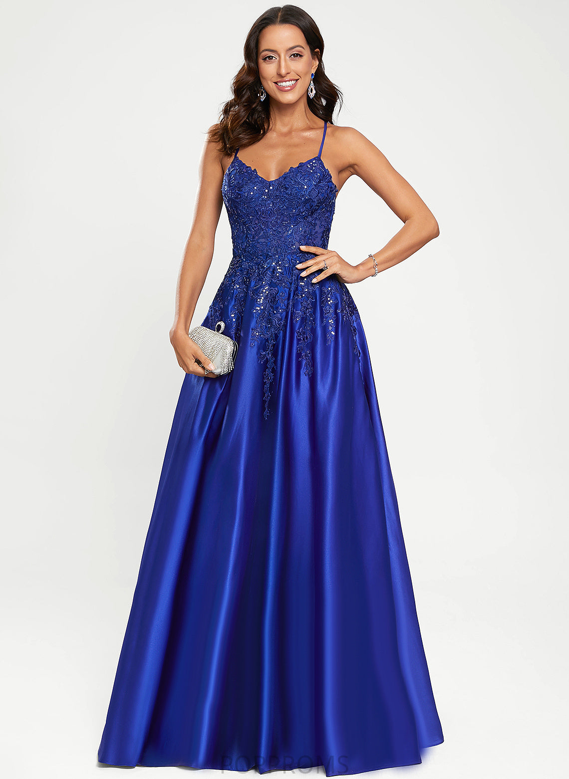 With Satin V-neck Suzanne Sequins Floor-Length A-Line Prom Dresses