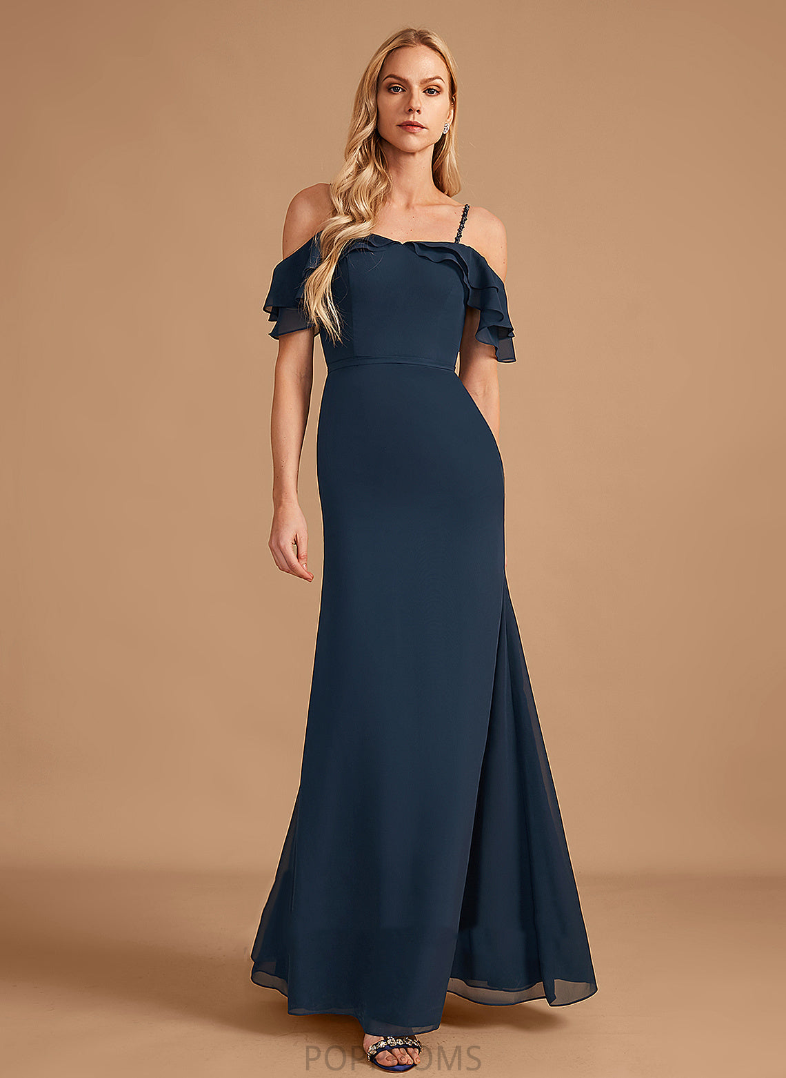 Length Embellishment Ruffle Sheath/Column Fabric Floor-Length Neckline Silhouette Off-the-Shoulder Beading Nathalia Spaghetti Staps Bridesmaid Dresses