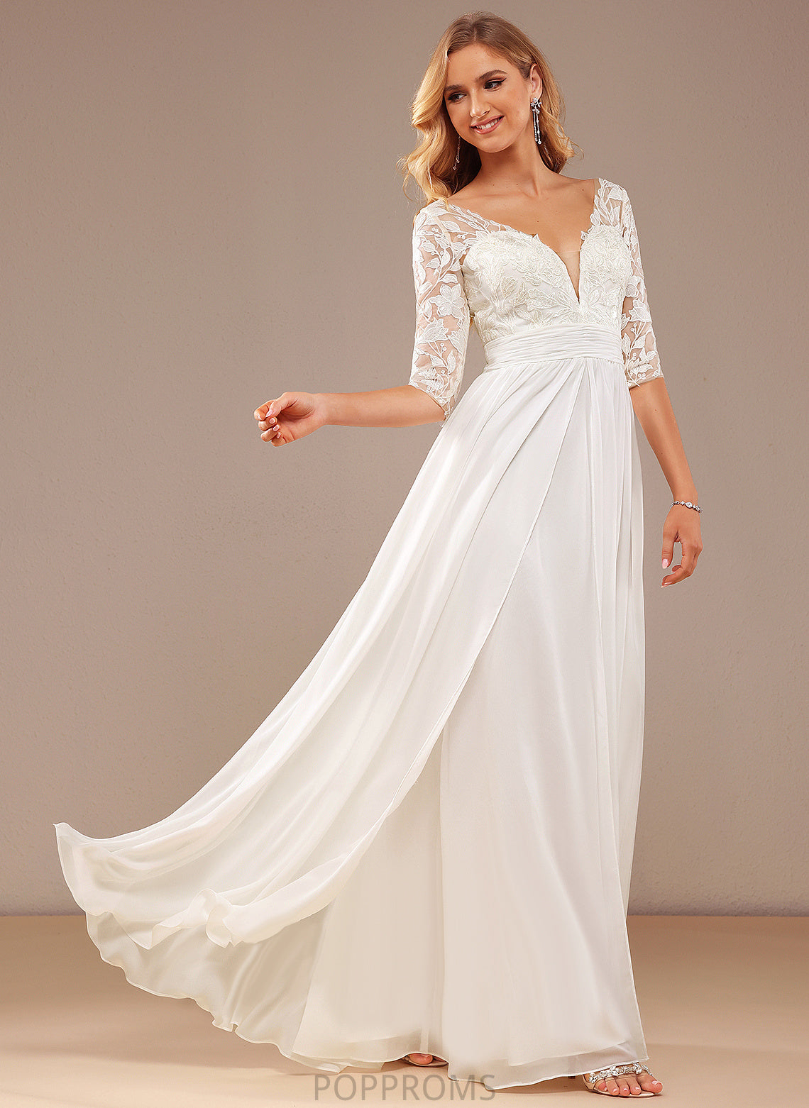 Ruffle Lace V-neck Maren Dress A-Line Floor-Length Wedding Dresses Wedding With Chiffon Sequins