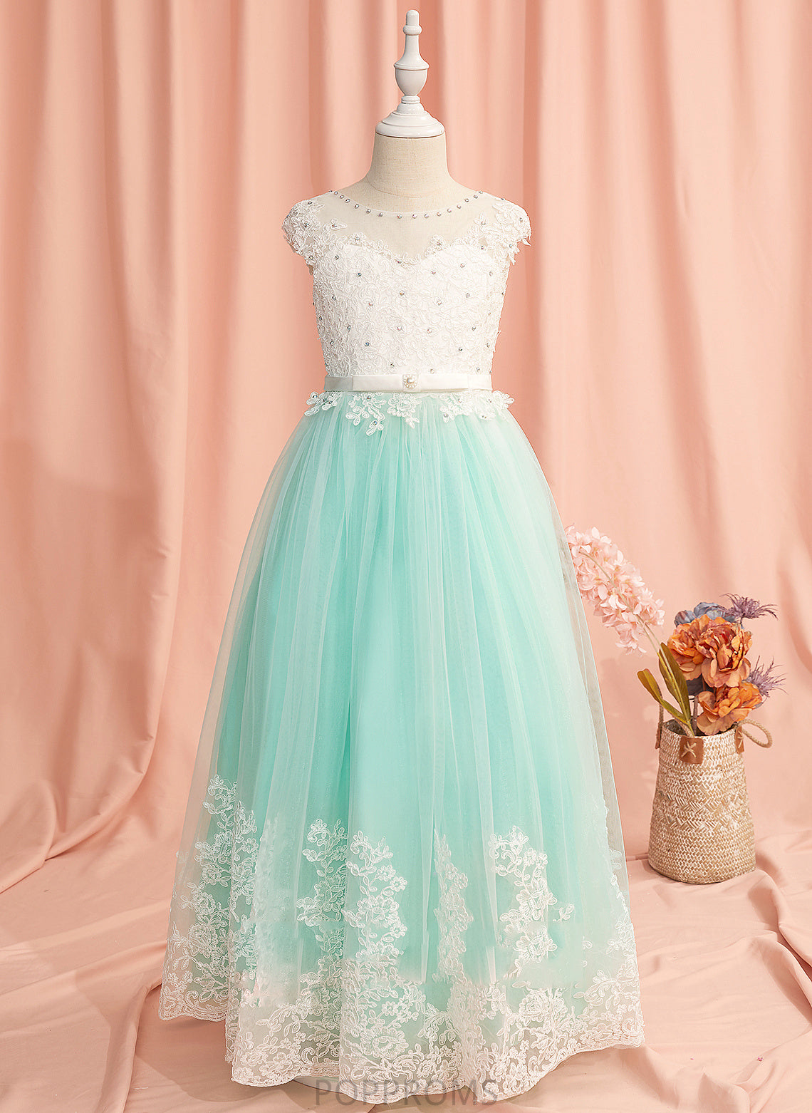 Flower Girl Dresses Flower Tulle Dress Scoop Lace/Beading/Bow(s)/V Back Haylee - Floor-length Ball-Gown/Princess Neck Sleeveless Girl With