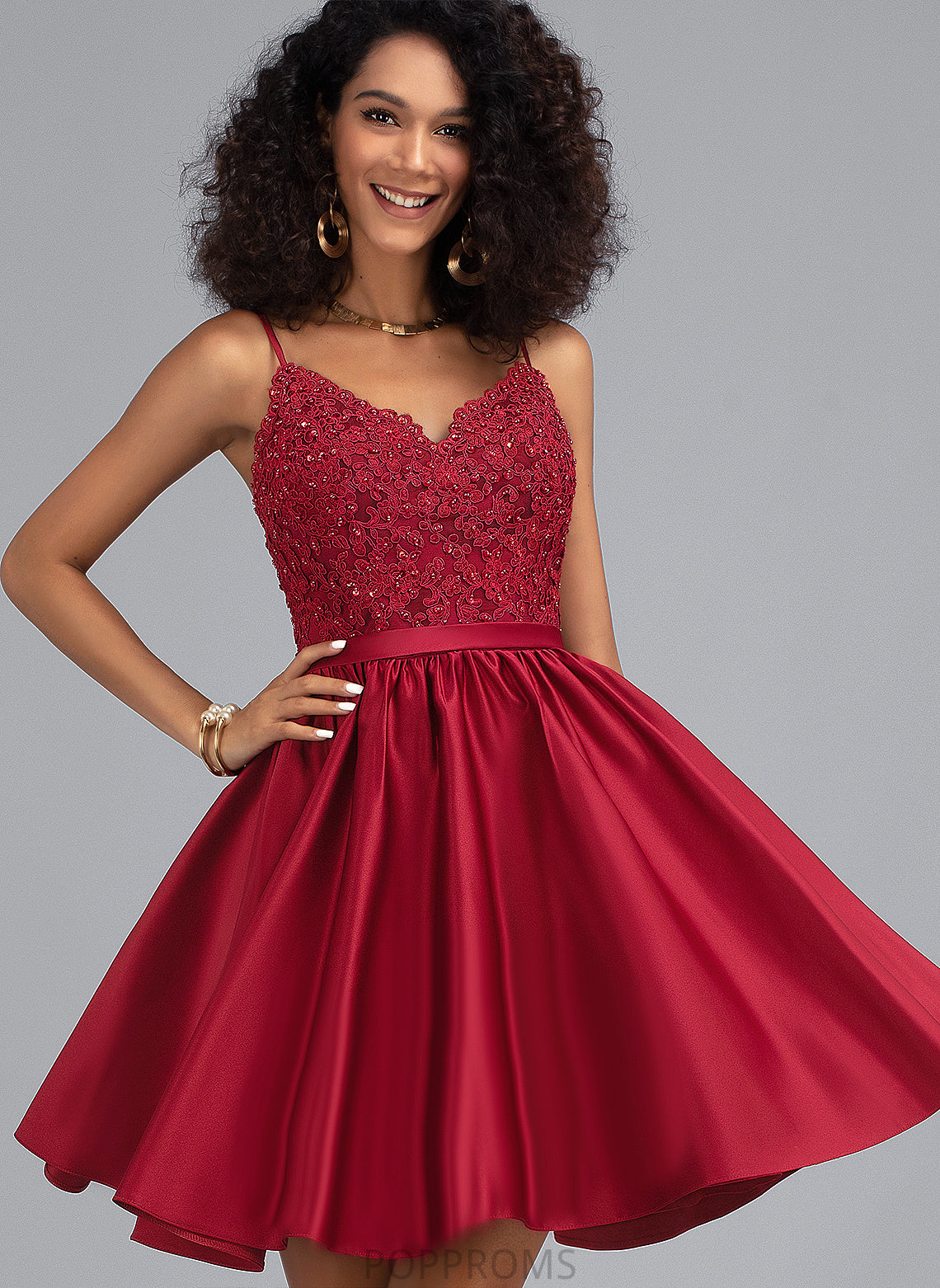 Prom Dresses With Beading Satin Short/Mini Lace V-neck Cheyanne A-Line