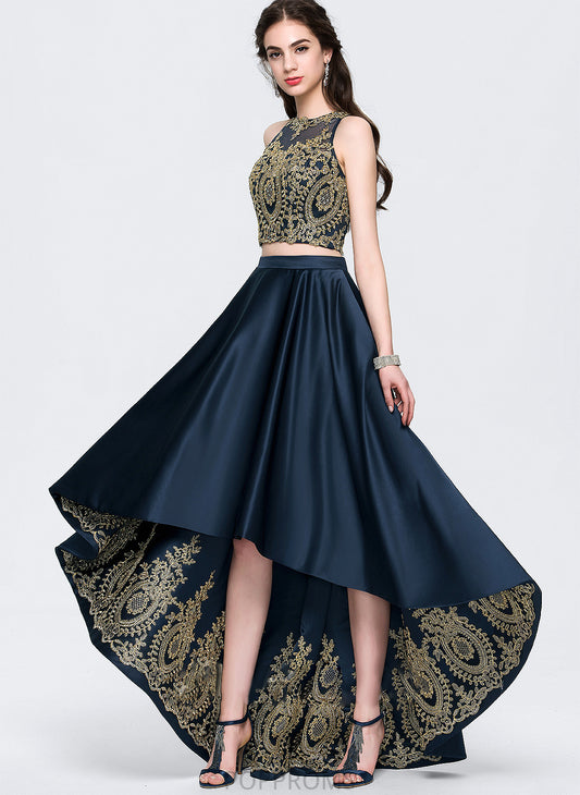 Asymmetrical Vera Prom Dresses Beading A-Line Lace Satin With Scoop Sequins Neck