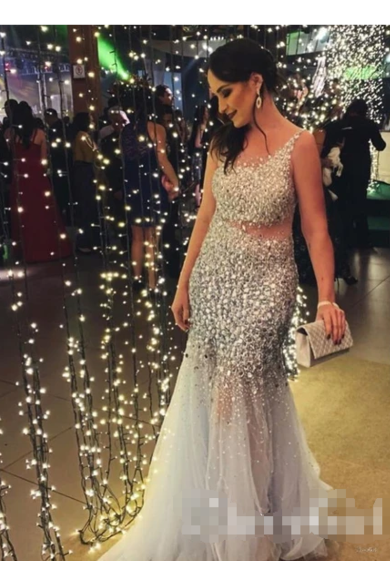 Silver Sequins Luxurious See Through Party Dress Backless Mermaid Long Prom Dress