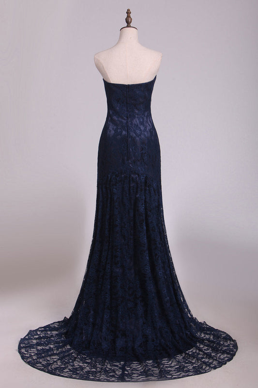 2024 Evening Dresses Sweetheart Dark Navy Lace Sweep Train Mermaid