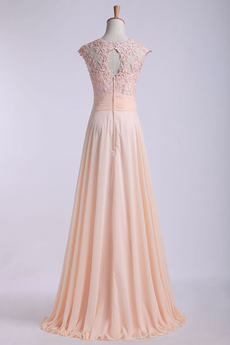 2024 Scoop Prom Dresses A Line Chiffon With Applique And Ruffles Sweep Train