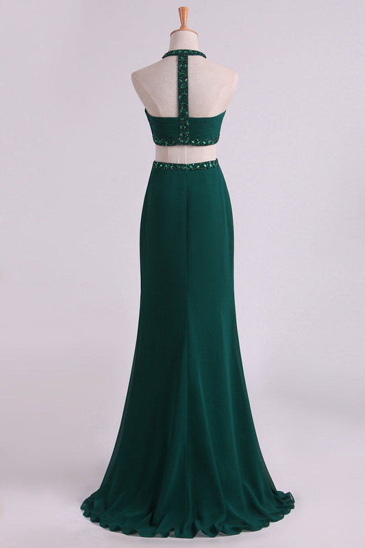 2024 Sexy Open Back Prom Dresses Scoop Chiffon With Ruffles And Beads