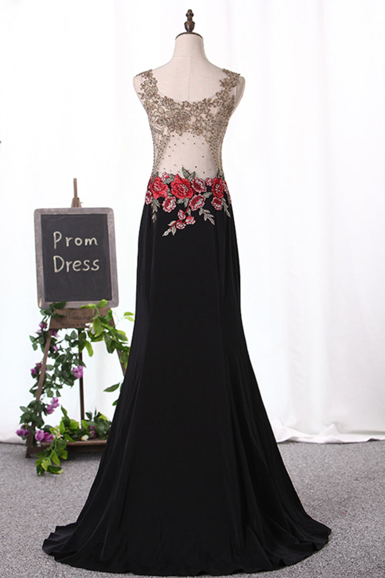 2024 Scoop Mermaid Spandex Prom Dresses With Beads&Appliques Sweep Train