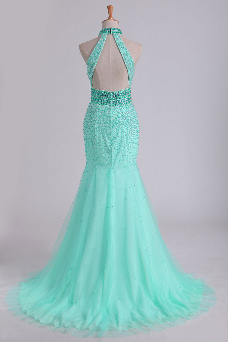 2024 High Neck Mermaid Prom Dresses Beaded Bodice Open Back Tulle