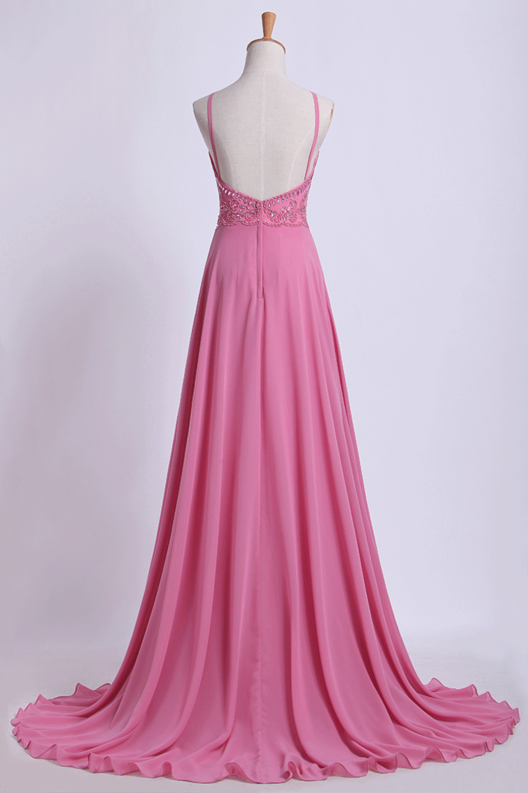 2024 Prom Dresses Spaghetti Straps Beaded Bodice A-Line Chiffon