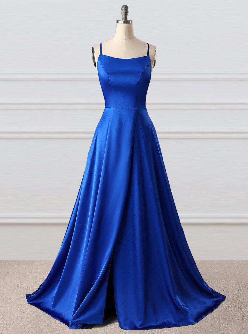 Royal Blue A Line Brush Train Sleeveless Backless Side Slit Prom Dresses