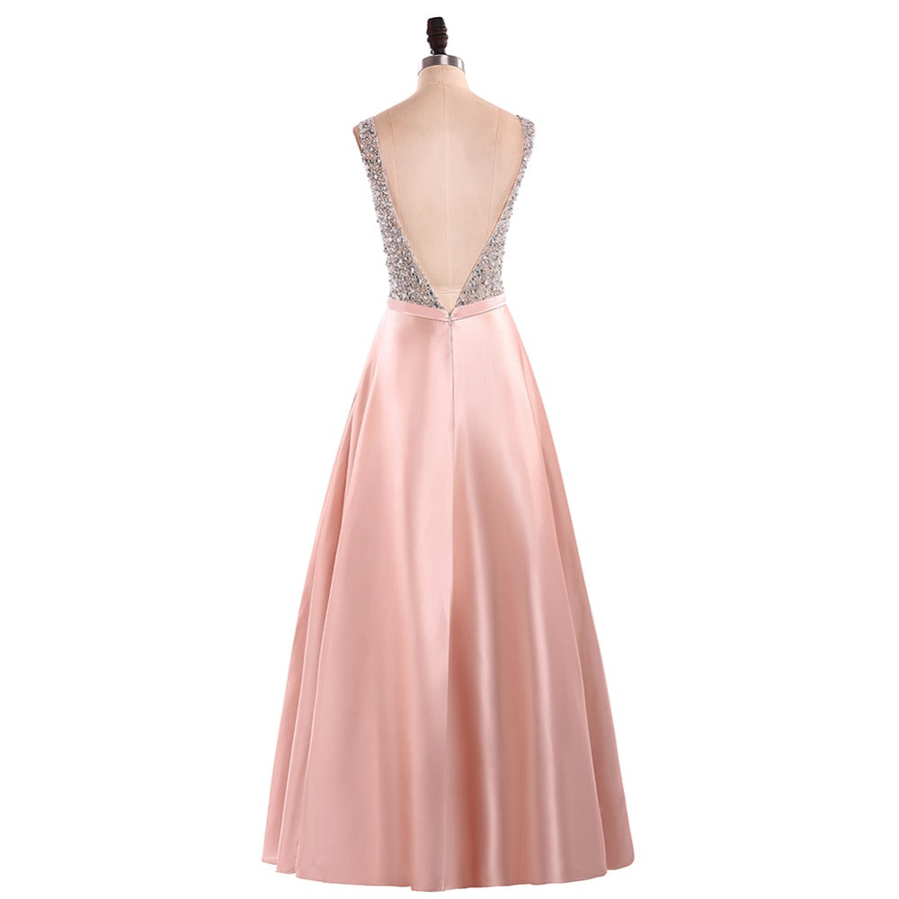 Stunning V Neck Sleeveless Satin with Beading Floor Length Prom Dresses